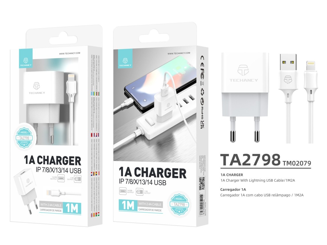 Techancy White TA2776 USB Mobile Phone Charger, Stable Charging 5V-1A With 1m USB-Lightning Cable Se