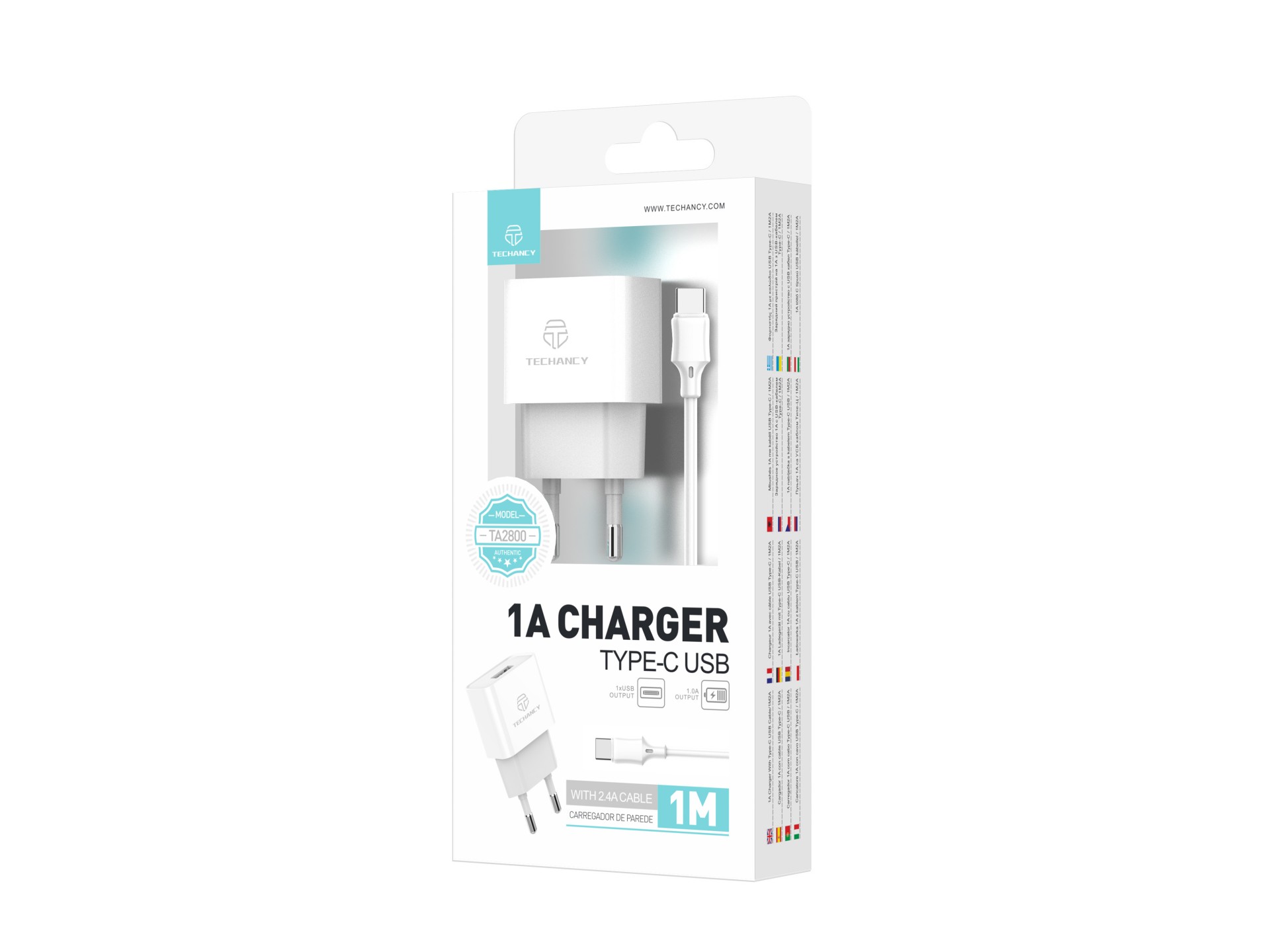 Techancy Carregador Usb Para Telemóvel Branco TA2776, Carregamento Estável 5v-1a Com Conjunto De Cab