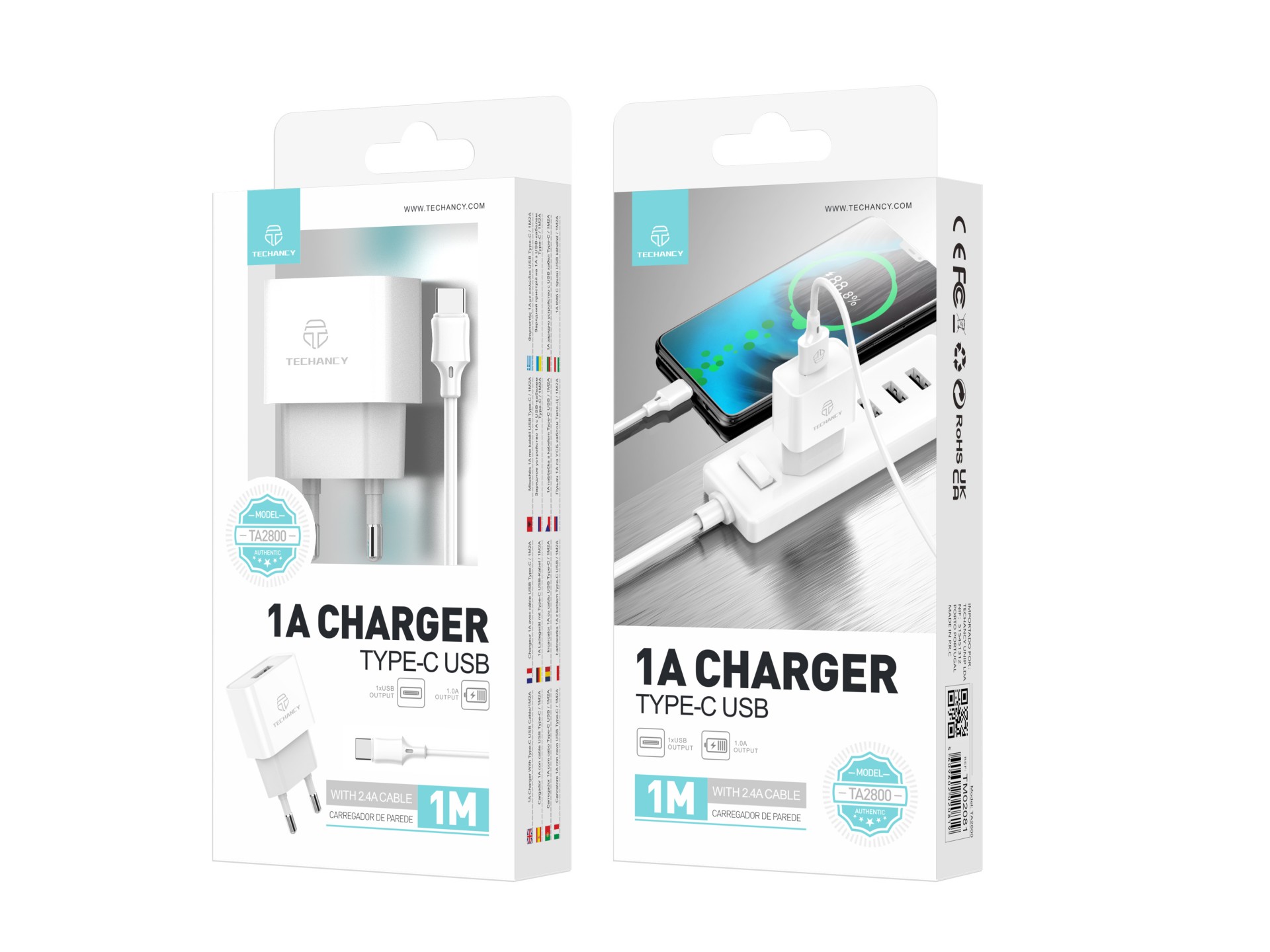 Techancy Carregador Usb Para Telemóvel Branco TA2776, Carregamento Estável 5v-1a Com Conjunto De Cab