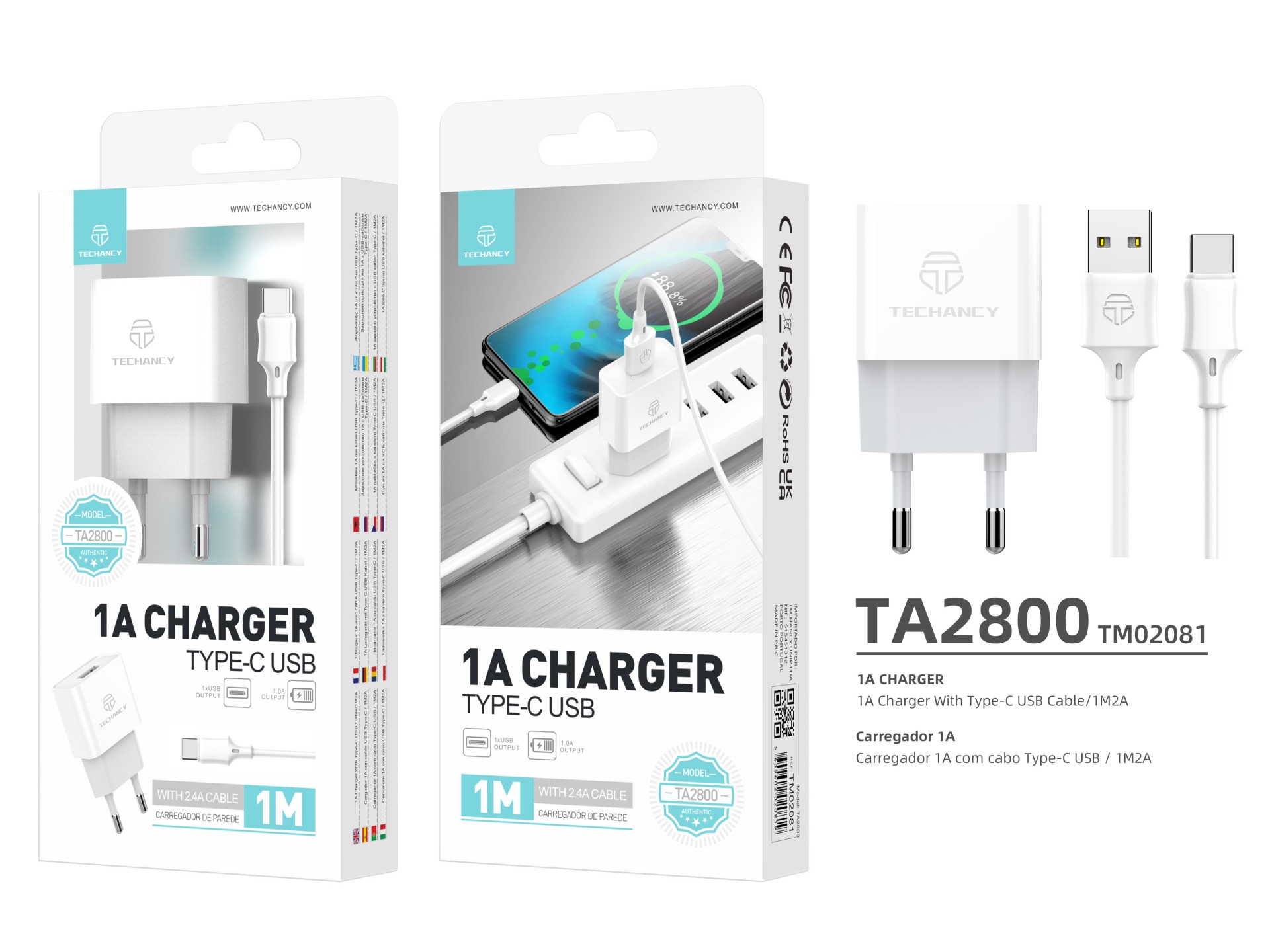 Techancy Carregador Usb Para Telemóvel Branco TA2776, Carregamento Estável 5v-1a Com Conjunto De Cab