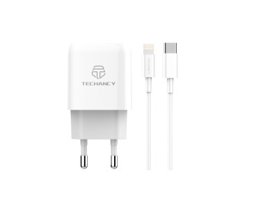 Techancy Carregador Branco De 20 W  TA2801, Compat�vel Com Pd E Qc3.0 Com Cabo Usb-C Branco De 1 M P