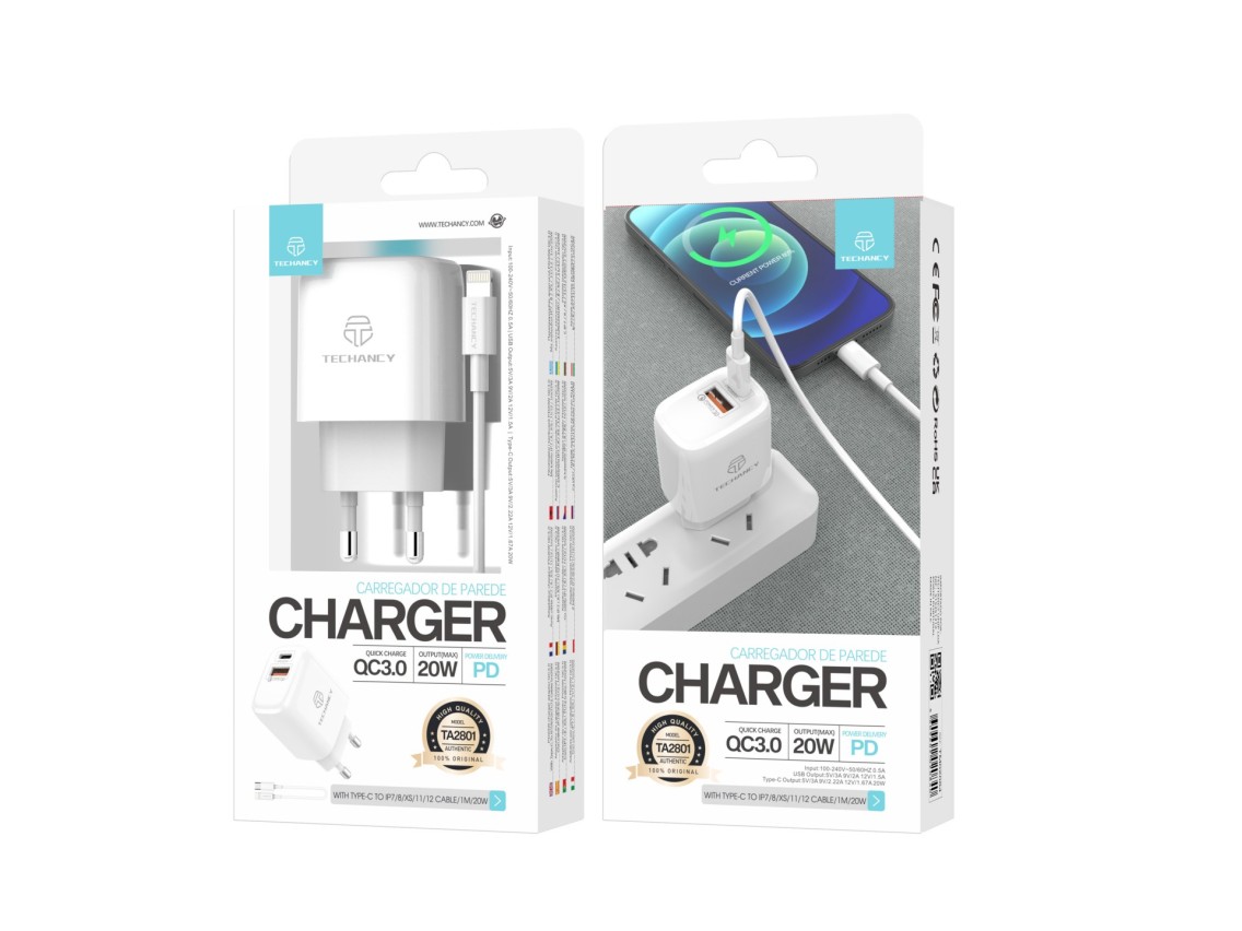 Cargador blanco Techancy TA2801 de 20 W, compatible con PD y QC3.0, con cable USB-C a Lightning blan