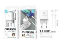 Cargador blanco Techancy TA2801 de 20 W, compatible con PD y QC3.0, con cable USB-C a Lightning blan