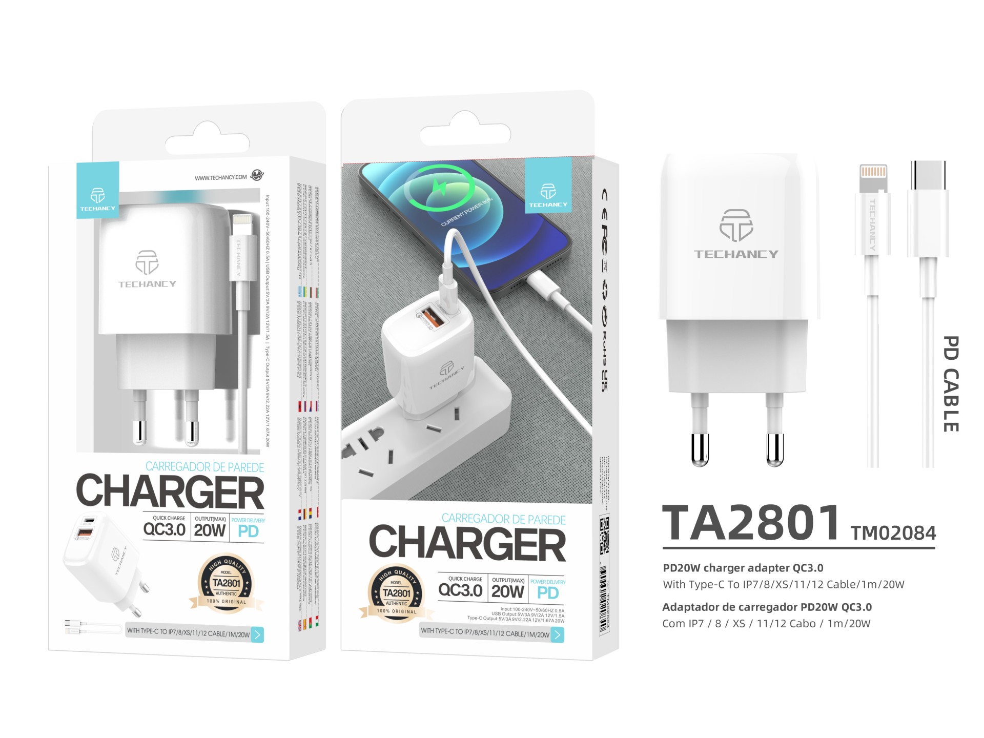 Cargador blanco Techancy TA2801 de 20 W, compatible con PD y QC3.0, con cable USB-C a Lightning blan