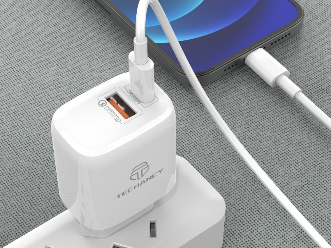 Cargador blanco Techancy TA2801 de 20 W, compatible con PD y QC3.0, con cable USB-C a Lightning blan