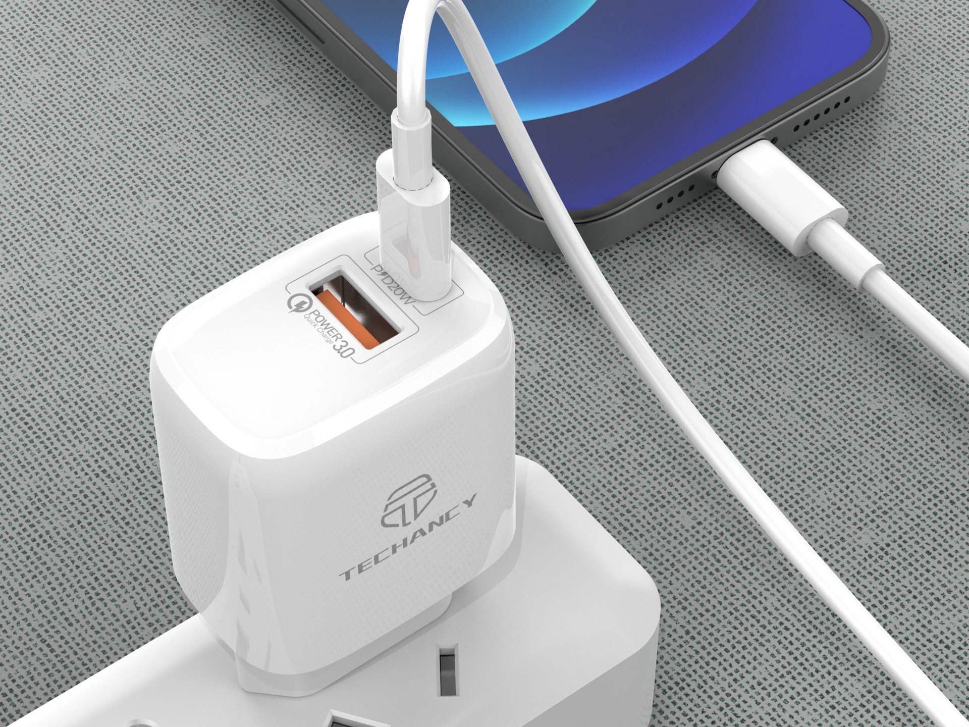 Cargador blanco Techancy TA2801 de 20 W, compatible con PD y QC3.0, con cable USB-C a Lightning blan