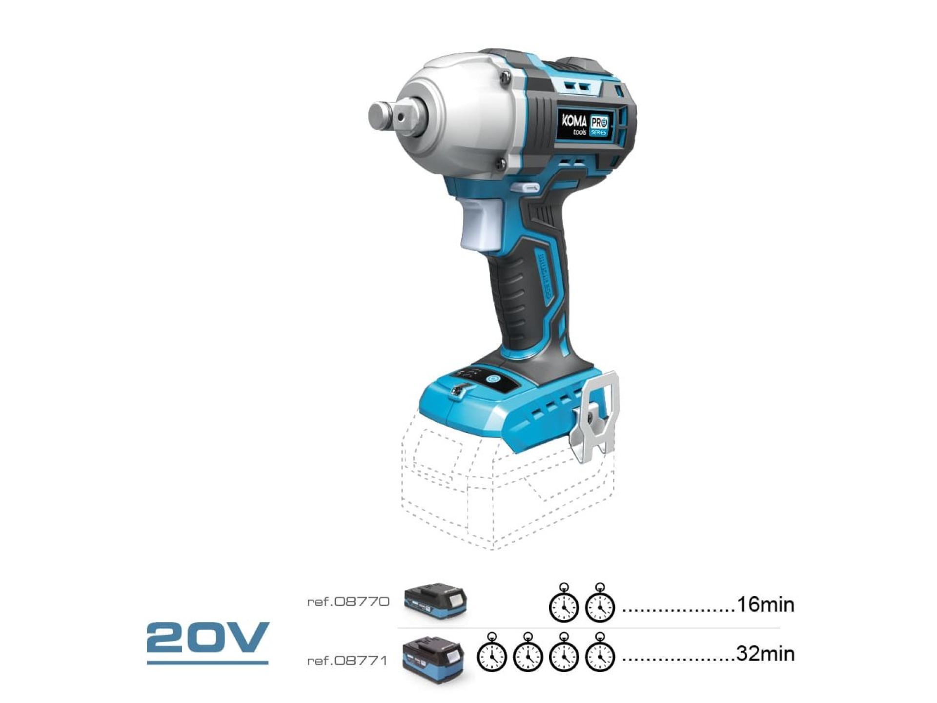 Llave de impacto 20 v brushless 450 nm (sin batería ni cargador)