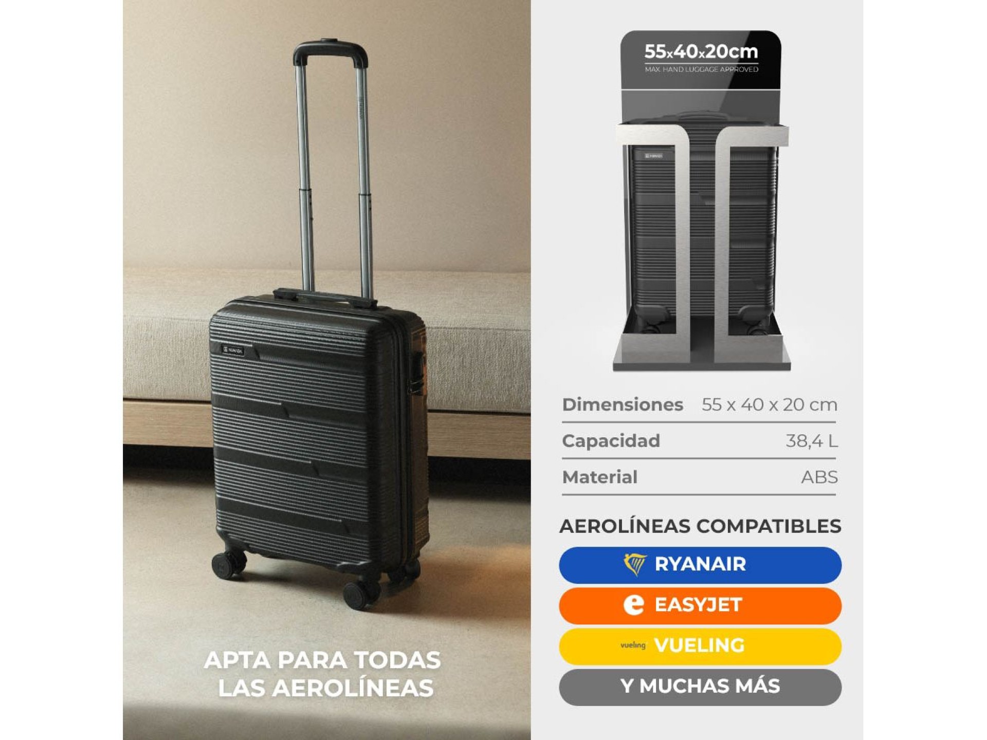 Maleta avion negra, 55 x 20 x 40 cm