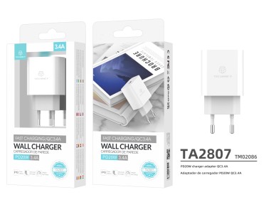 Cargador de pared PD blanco Techancy TA2807, carga rápida PD de 3,4 A y 20 W, alimentación Cargador de pared PD blanco Techancy TA2807, carga rápida PD de 3,4 A y 20 W, alimentación