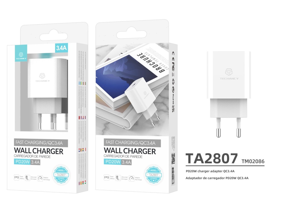 Techancy White PD Wall Charger TA2807, 3.4A PD20W Fast Charging, Smart Power for Mobile Phone