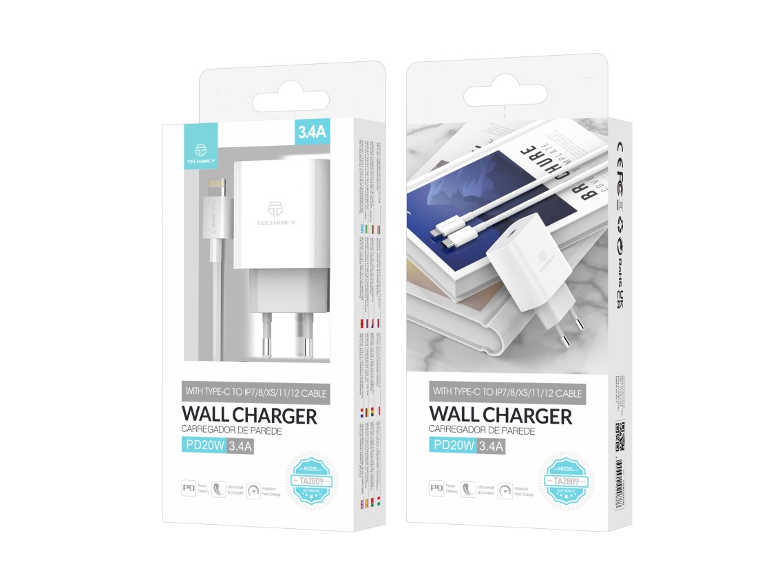 Techancy Carregador De Parede Pd Branco TA2807, Carregamento Rápido 3.4A Pd20w, Conjunto De Cabos Ti