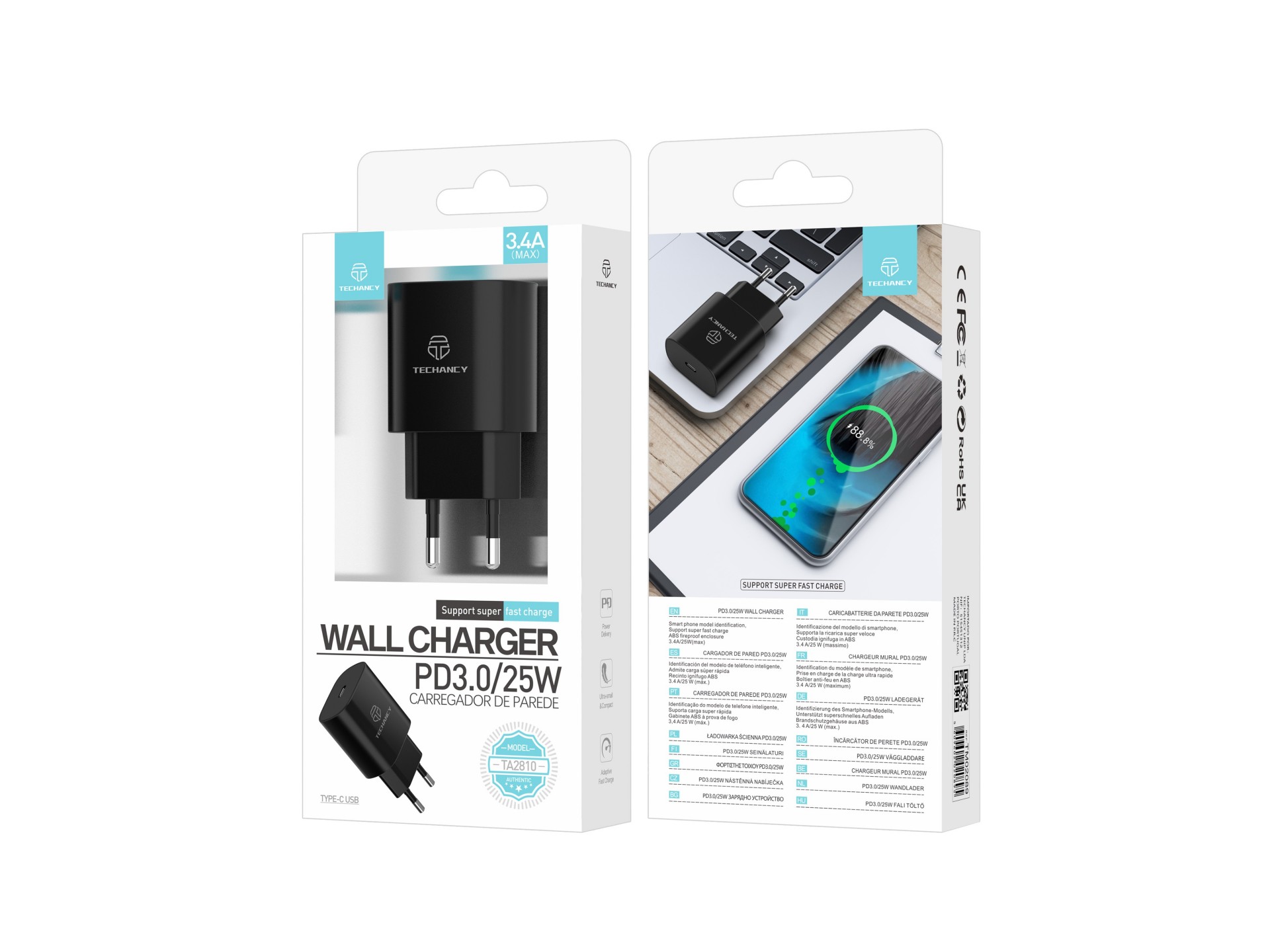 Techancy 25W PD3.0 Charger TA2810, 3.4A Fast Charging, Built-in Smart Chip, Black