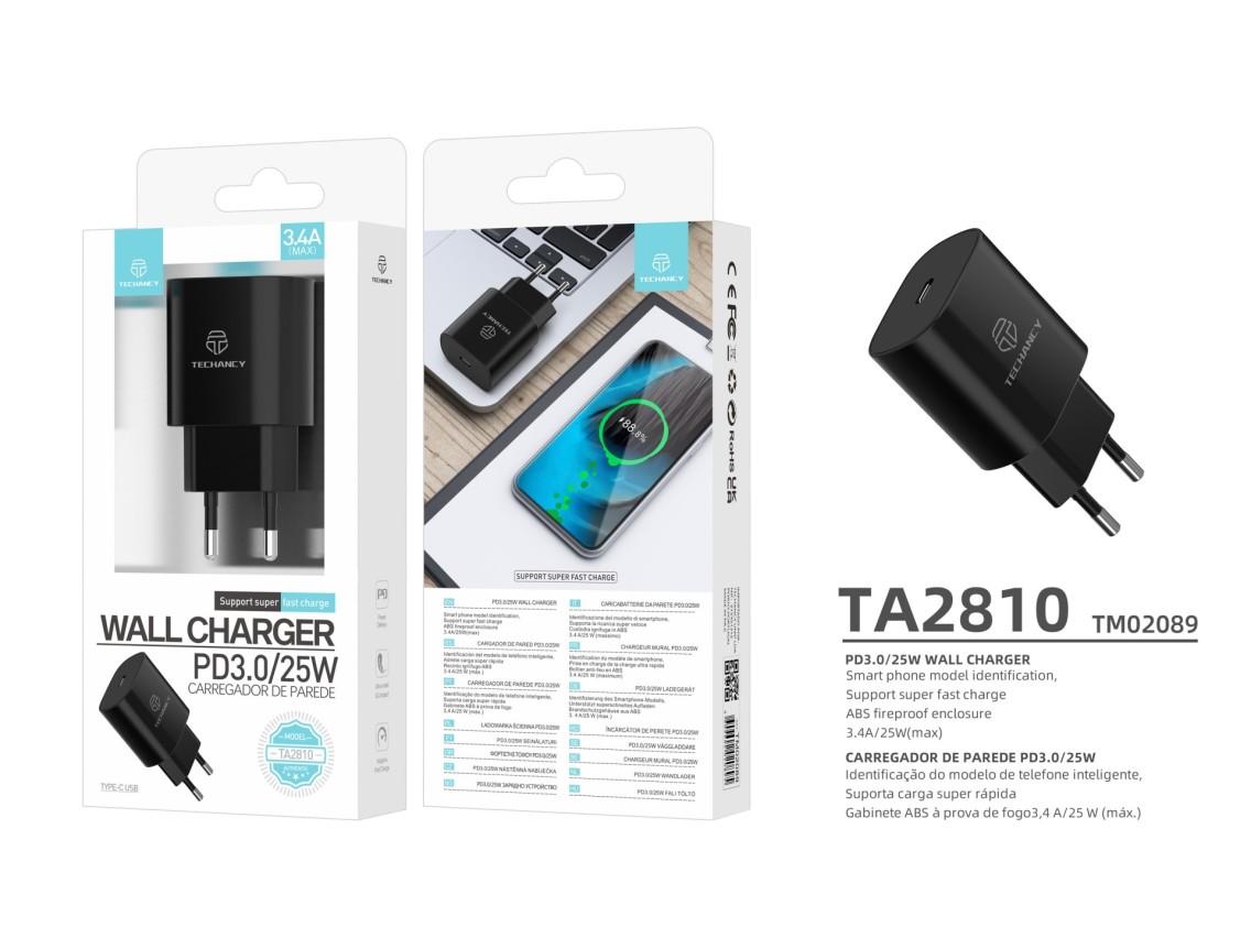 Techancy 25W PD3.0 Charger TA2810, 3.4A Fast Charging, Built-in Smart Chip, Black