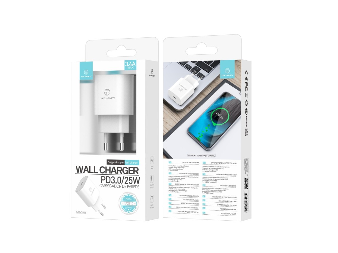 Techancy 25W PD3.0 Charger TA2810, 3.4A Fast Charging, Built-in Smart Chip, White