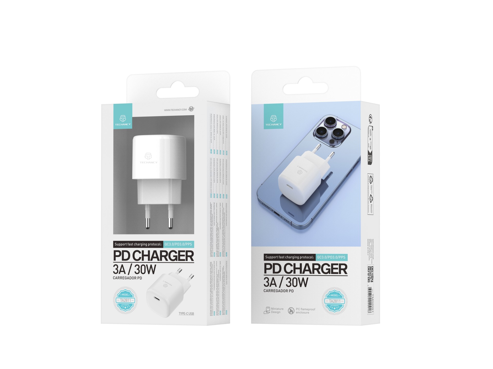 Techancy 30w Usb C Pd Charger White TA2811, Adapt Pd Fast Charging Cable, Compatible with Android/Ap
