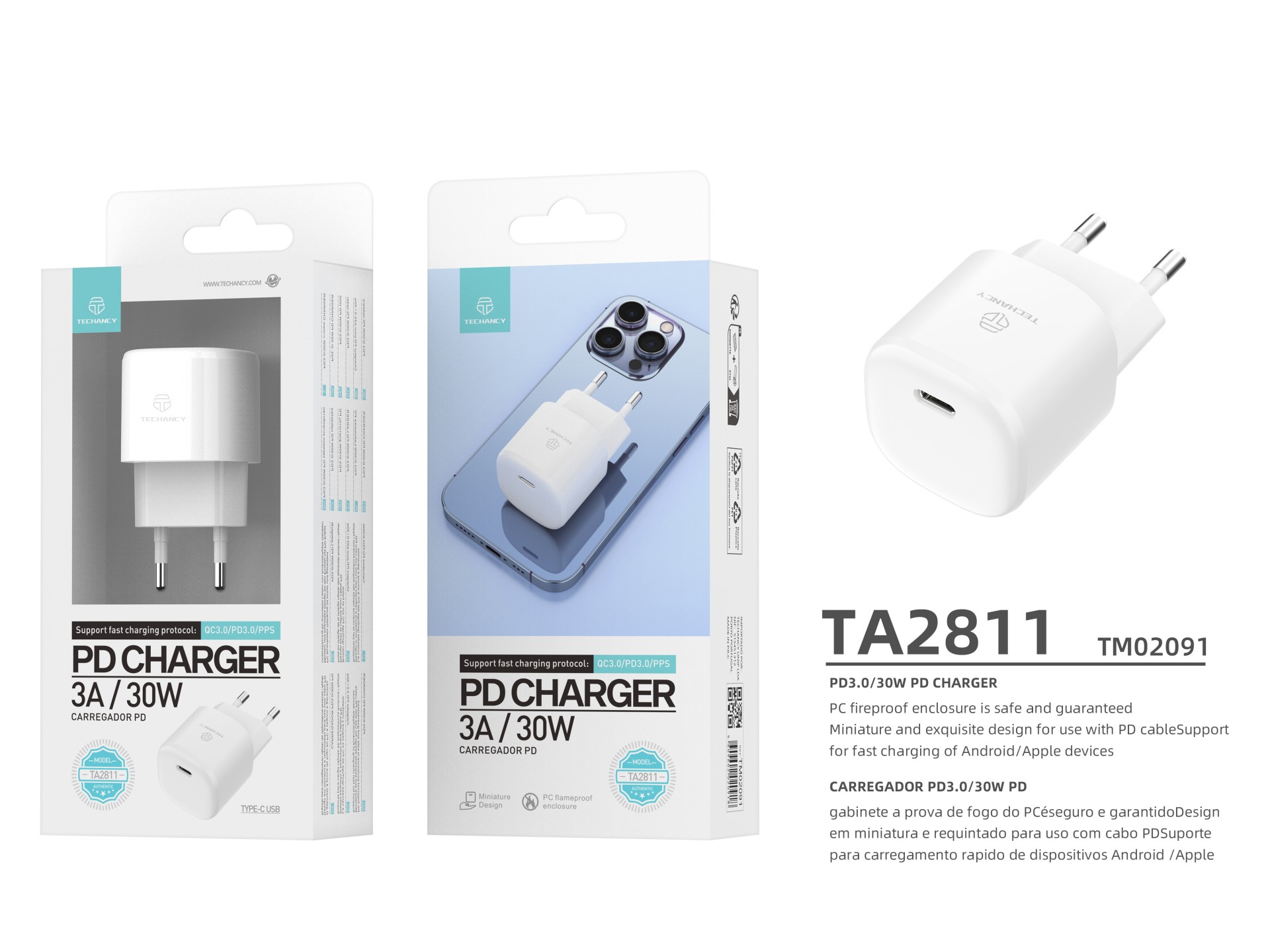 Techancy 30w Usb C Pd Charger White TA2811, Adapt Pd Fast Charging Cable, Compatible with Android/Ap