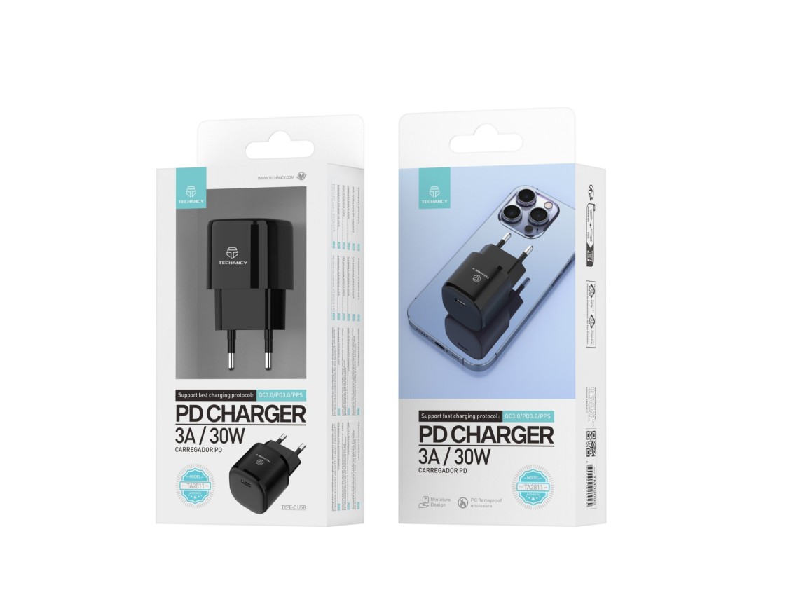 Techancy Carregador Pd 30w Usb C Preto TA2811, Cabo De Carregamento Rápido Adapt Pd, Compatível Com