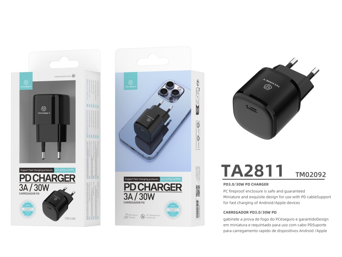 Techancy Carregador Pd 30w Usb C Preto TA2811, Cabo De Carregamento Rápido Adapt Pd, Compatível Com