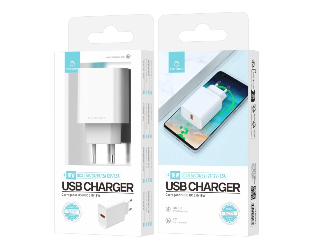 Techancy Carregador Qc3.0 18w Branco TA2779,Compatível Com Samsung,Xiaomi,Huawei Etc,Carregamento Rá