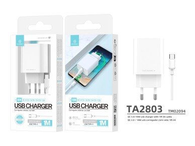 Techancy Qc3.0 Charger 18w White TA2803, Usb Type-C 3.0a Cable Kit, Compatible With Samsung, Xiaomi, Techancy Qc3.0 Charger 18w White TA2803, Usb Type-C 3.0a Cable Kit, Compatible With Samsung, Xiaomi,