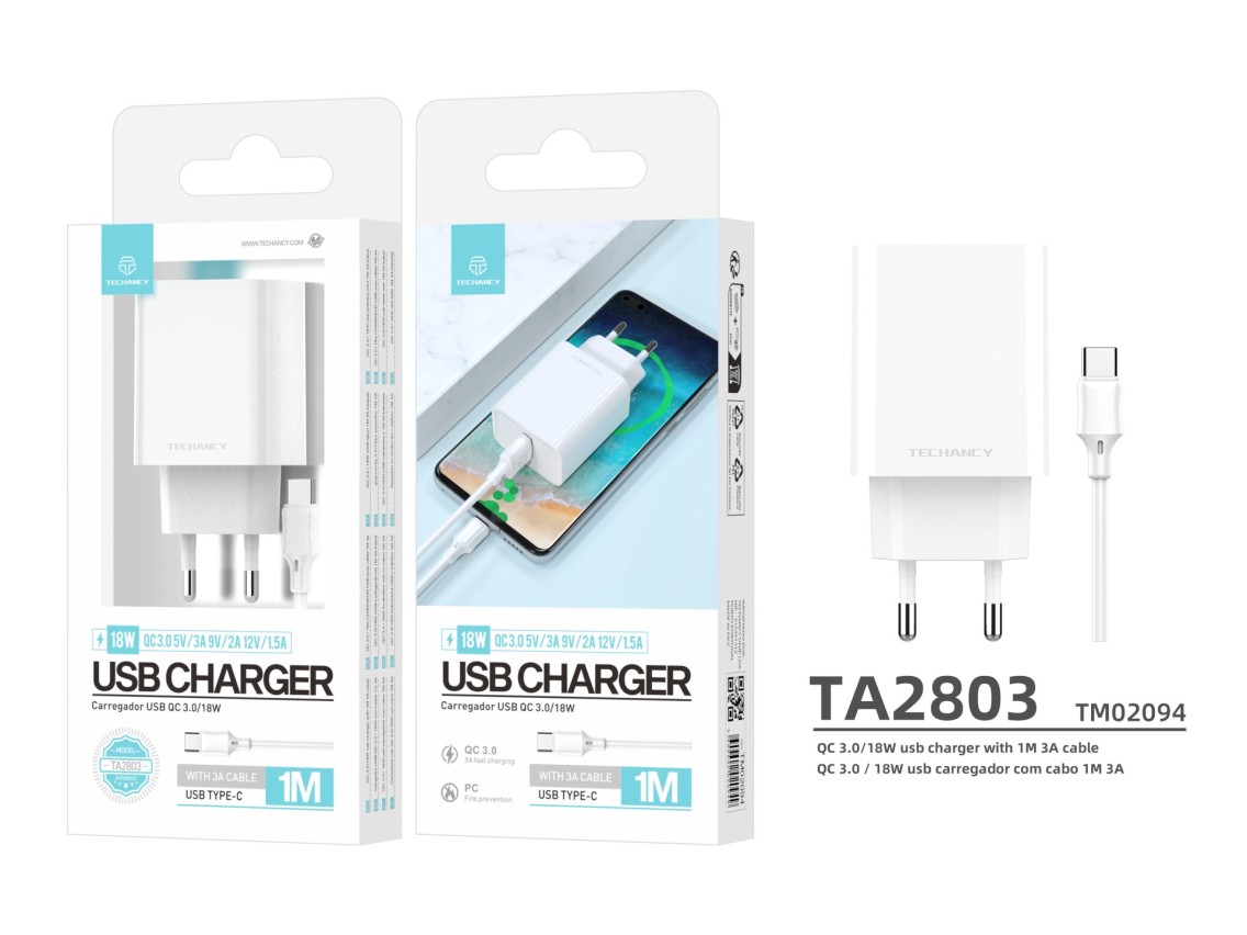 Techancy Qc3.0 Charger 18w White TA2803, Usb Type-C 3.0a Cable Kit, Compatible With Samsung, Xiaomi,