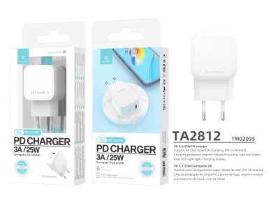 Cargador USB C PD Techancy de 25 W, blanco TA2812, PD3.0 + PPS, compatible con iPhone/Android, carga