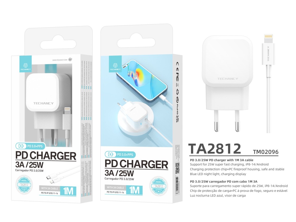 Techancy Carregador Pd De 25w Usb C Branco TA2812, Cabo De Carregamento Rápido Usb C Para Ip8/X/11-1