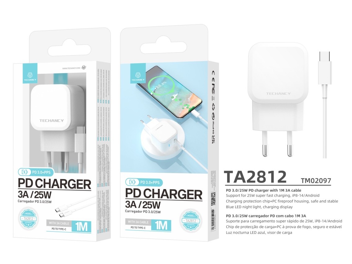Techancy Carregador Pd De 25w Usb C Branco TA2812, Cabo De Carregamento Rápido Usb C Para Usb C 3a K