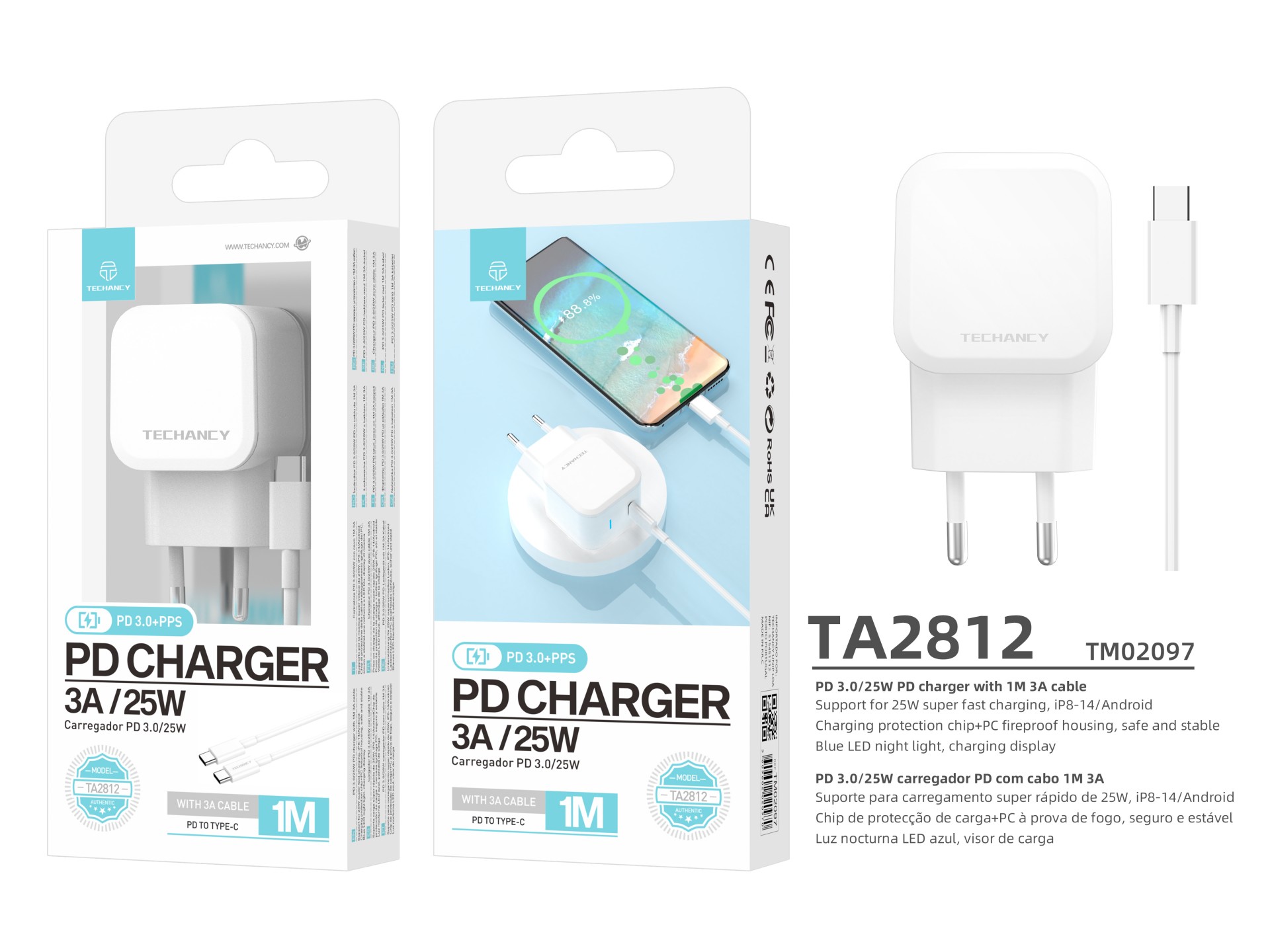 Techancy Carregador Pd De 25w Usb C Branco TA2812, Cabo De Carregamento Rápido Usb C Para Usb C 3a K