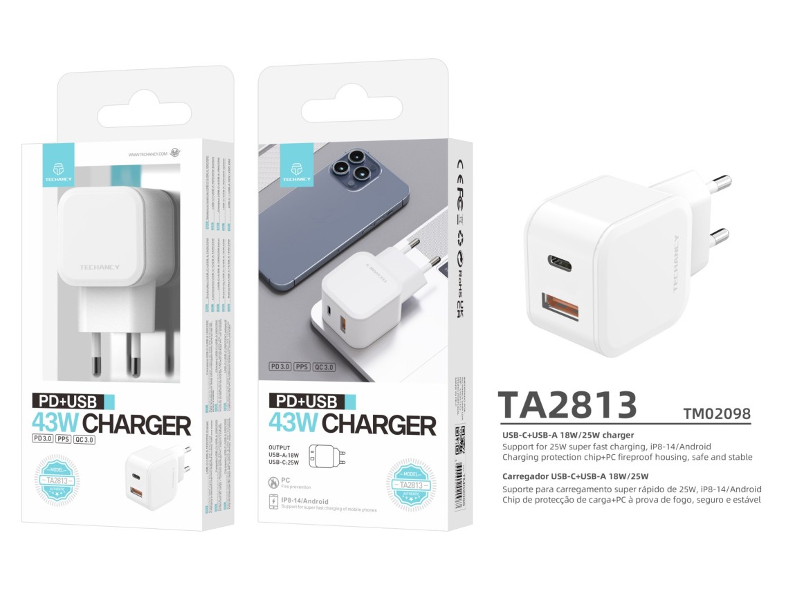 Techancy Carregador Rápido Techancy 43w Branco TA2813, Design Pd+Usb, Compatível Com Ip 8-16 E Dispo