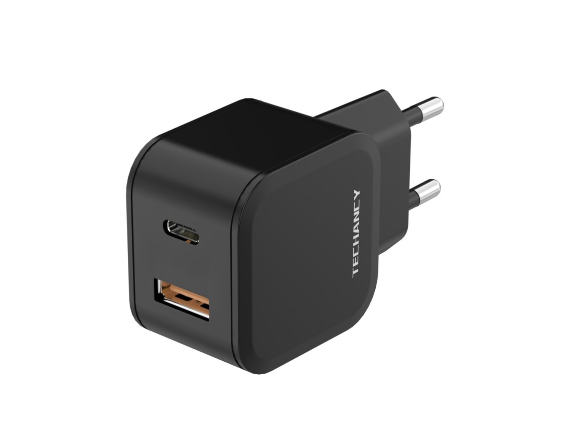 Techancy Carregador Rápido 43w Preto TA2813, Porta Dupla Pd+Usb, Compatível Com Ip8-16 E Dispositiv