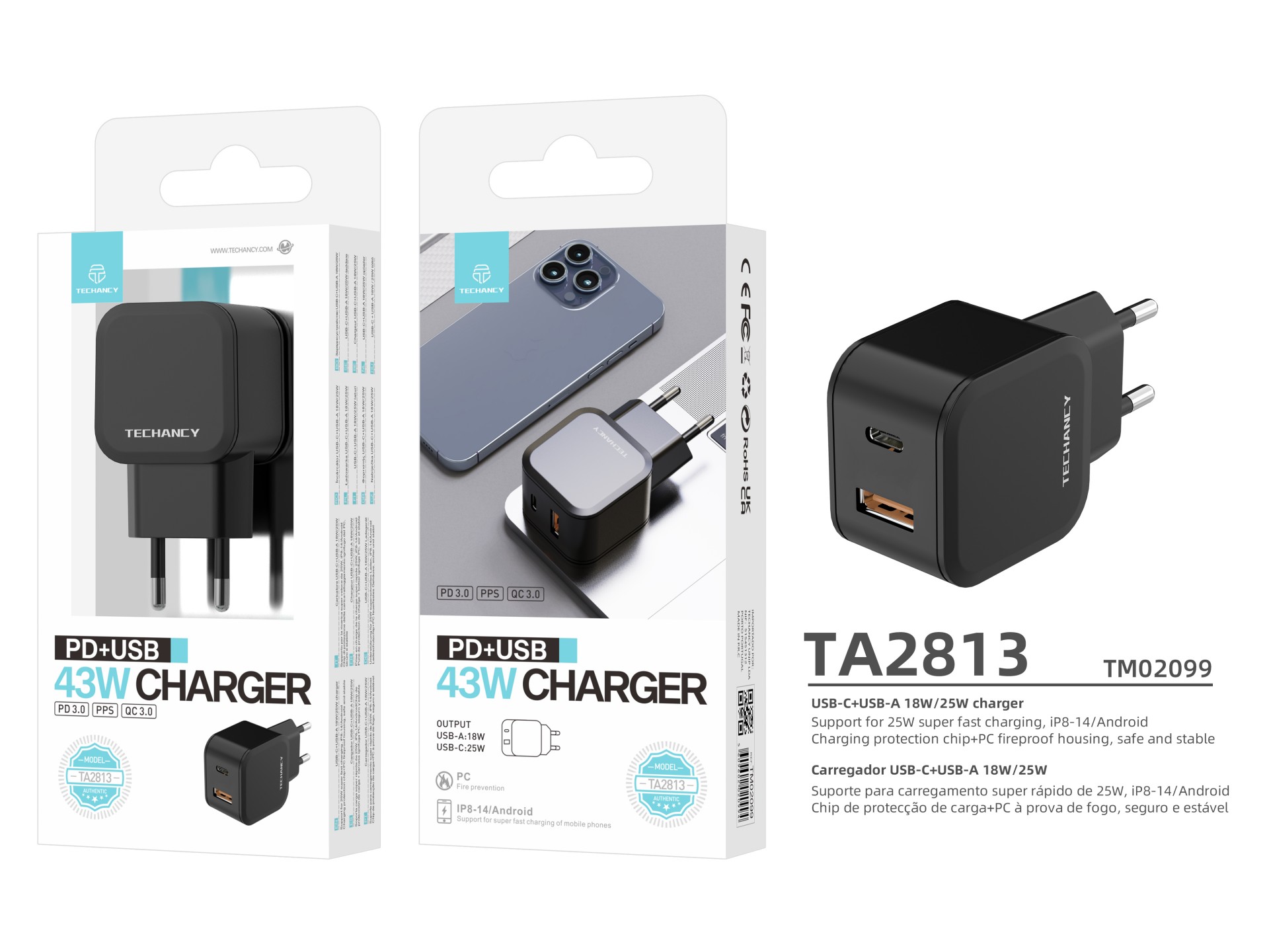 Techancy Carregador Rápido 43w Preto TA2813, Porta Dupla Pd+Usb, Compatível Com Ip8-16 E Dispositiv
