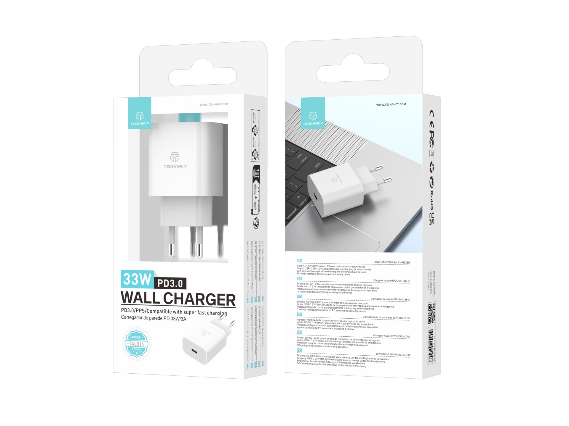 Techancy Carregador De Saída Usb-C 33w TA2814, Carregamento Rápido PD3.0, Compatível Com Vários Sma