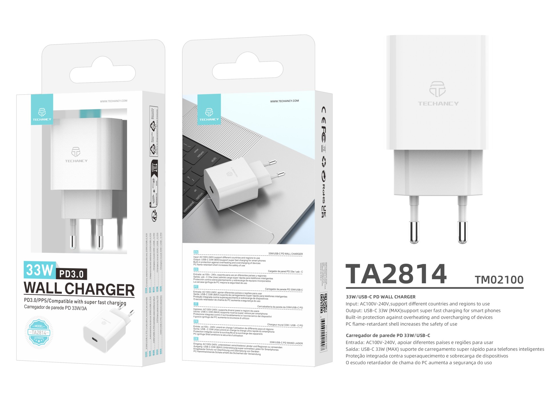 Techancy Carregador De Saída Usb-C 33w TA2814, Carregamento Rápido PD3.0, Compatível Com Vários Sma