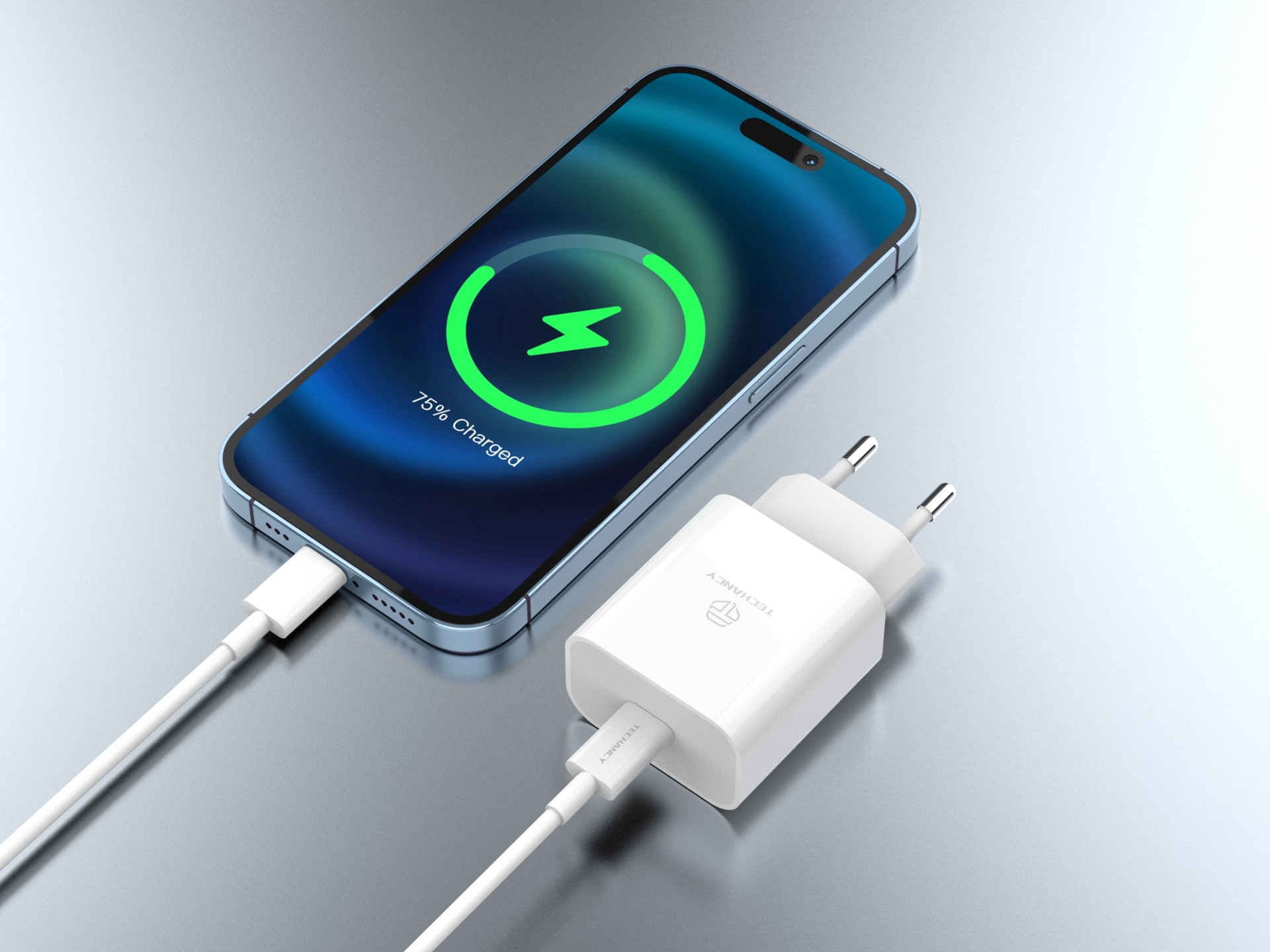 Techancy 33w White Charger TA2814, With 1m Type-C to Lightning Cable / 30w PD Fast Charging