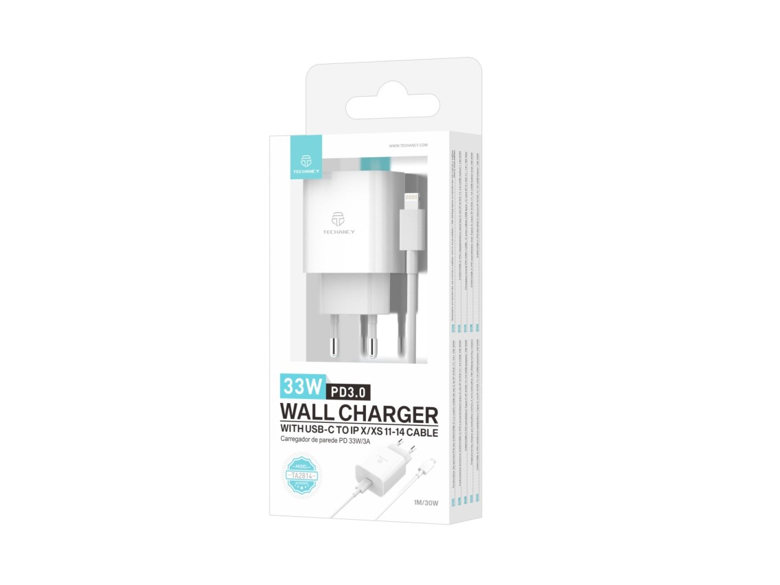 Techancy 33w White Charger TA2814, With 1m Type-C to Lightning Cable / 30w PD Fast Charging