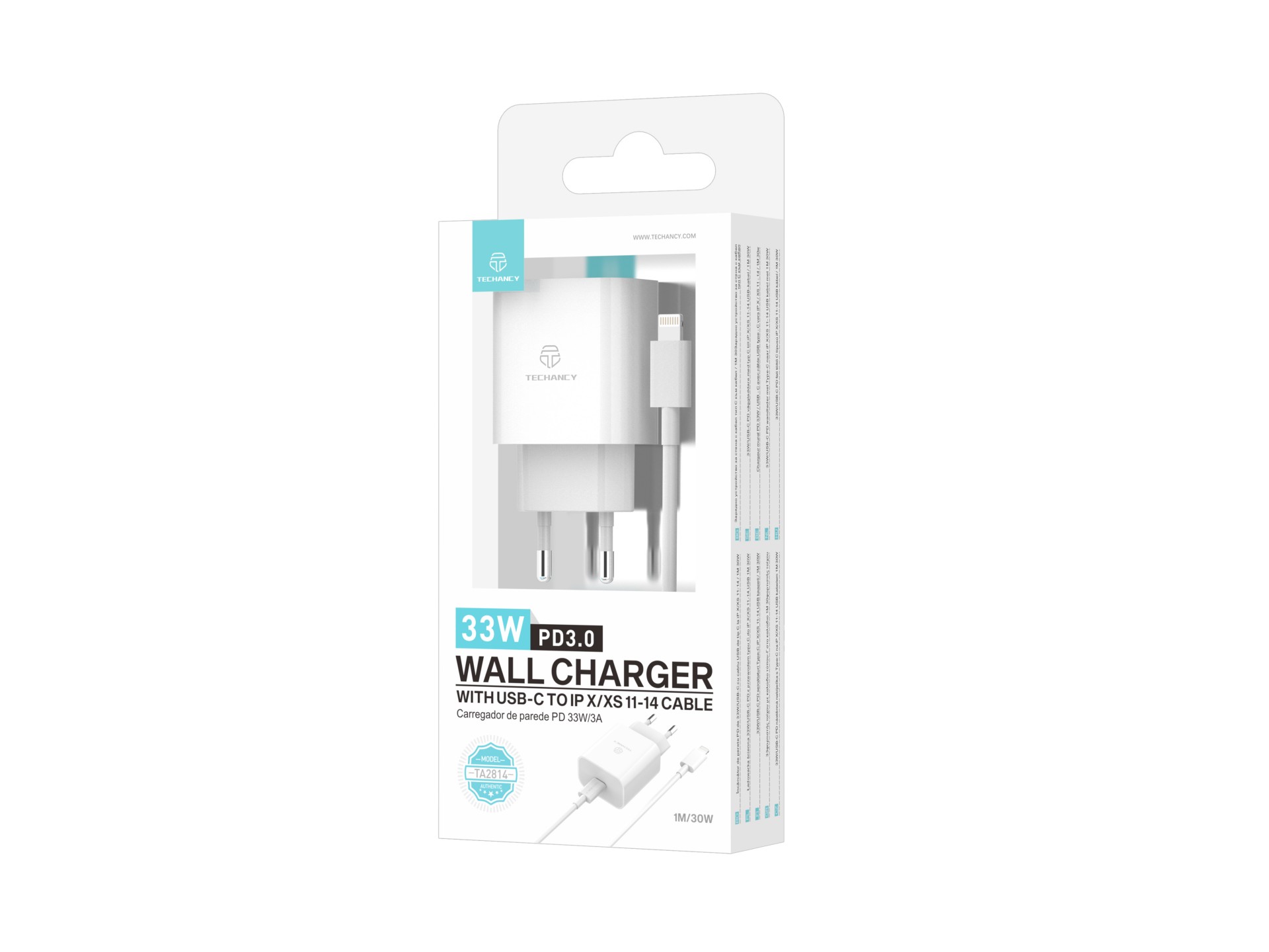 Techancy 33w White Charger TA2814, With 1m Type-C to Lightning Cable / 30w PD Fast Charging