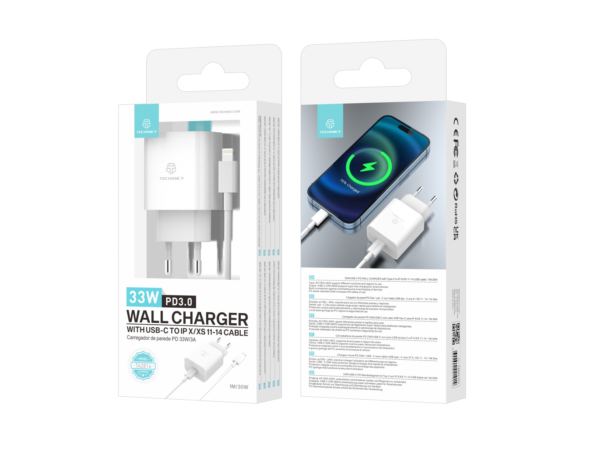 Techancy 33w White Charger TA2814, With 1m Type-C to Lightning Cable / 30w PD Fast Charging
