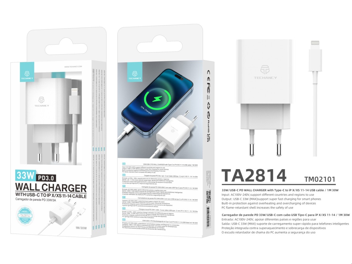 Techancy 33w White Charger TA2814, With 1m Type-C to Lightning Cable / 30w PD Fast Charging