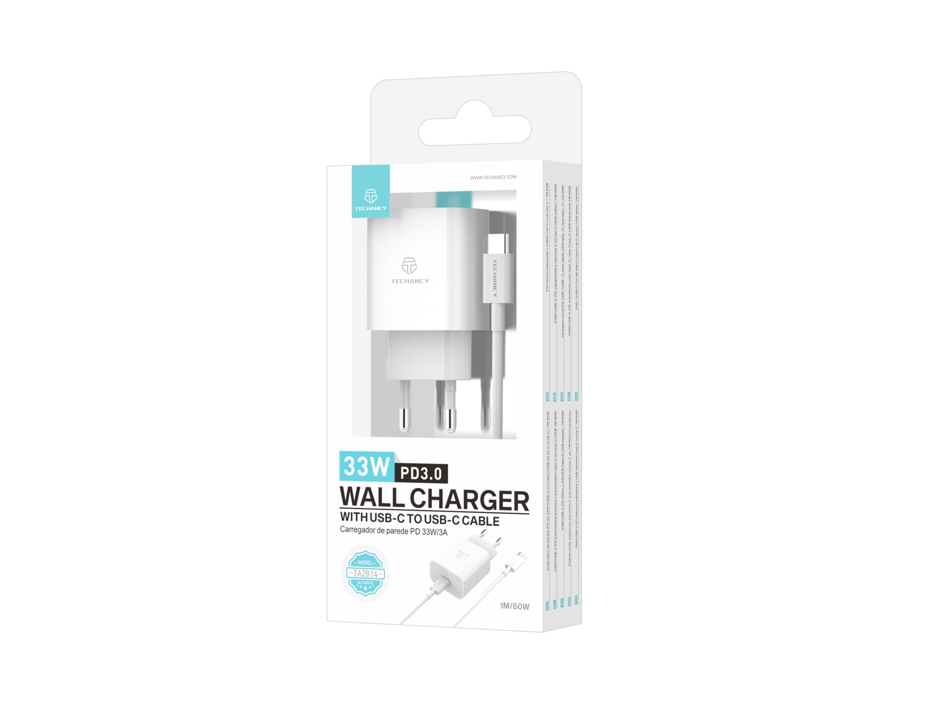 Techancy 33W Charger TA2814 with 1m USB-C to Type-C Cable/60W PD Fast Charging White