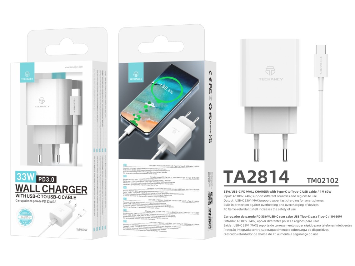 Techancy 33W Charger TA2814 with 1m USB-C to Type-C Cable/60W PD Fast Charging White