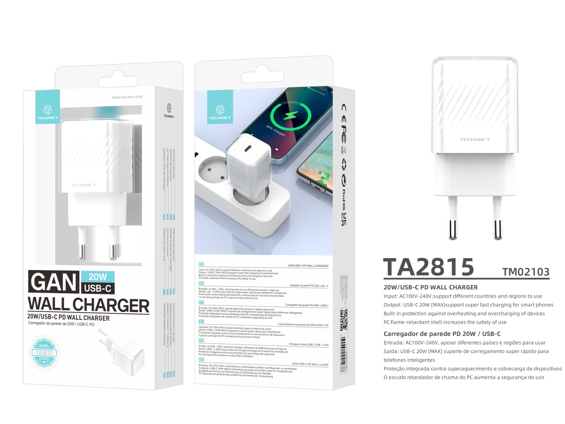 Techancy 20W White TA2815 Mobile Phone Charger, USB-C PD Fast Charging, Built-in GaN Smart Chip