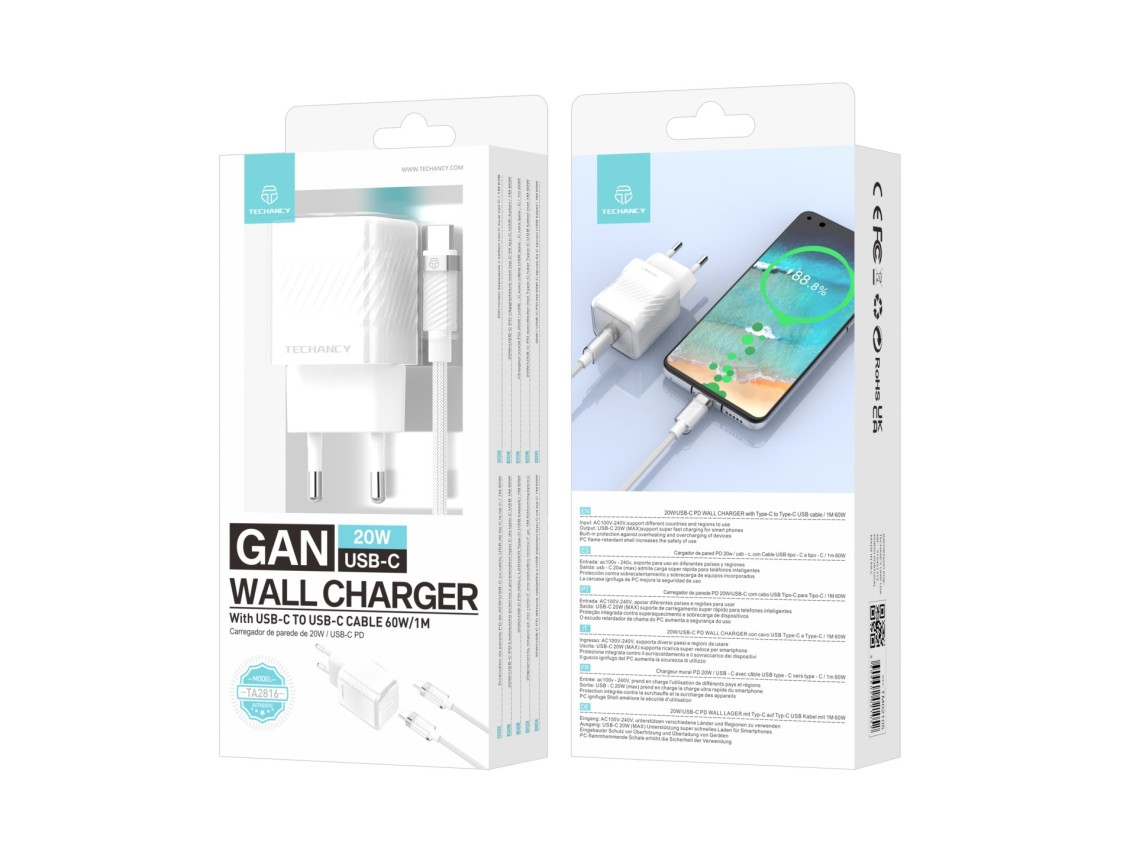 Techancy Carregador De Telemóvel De 20 W Branco TA2816, Carregamento Rápido Usb-C Pd Gan, Conjunto D