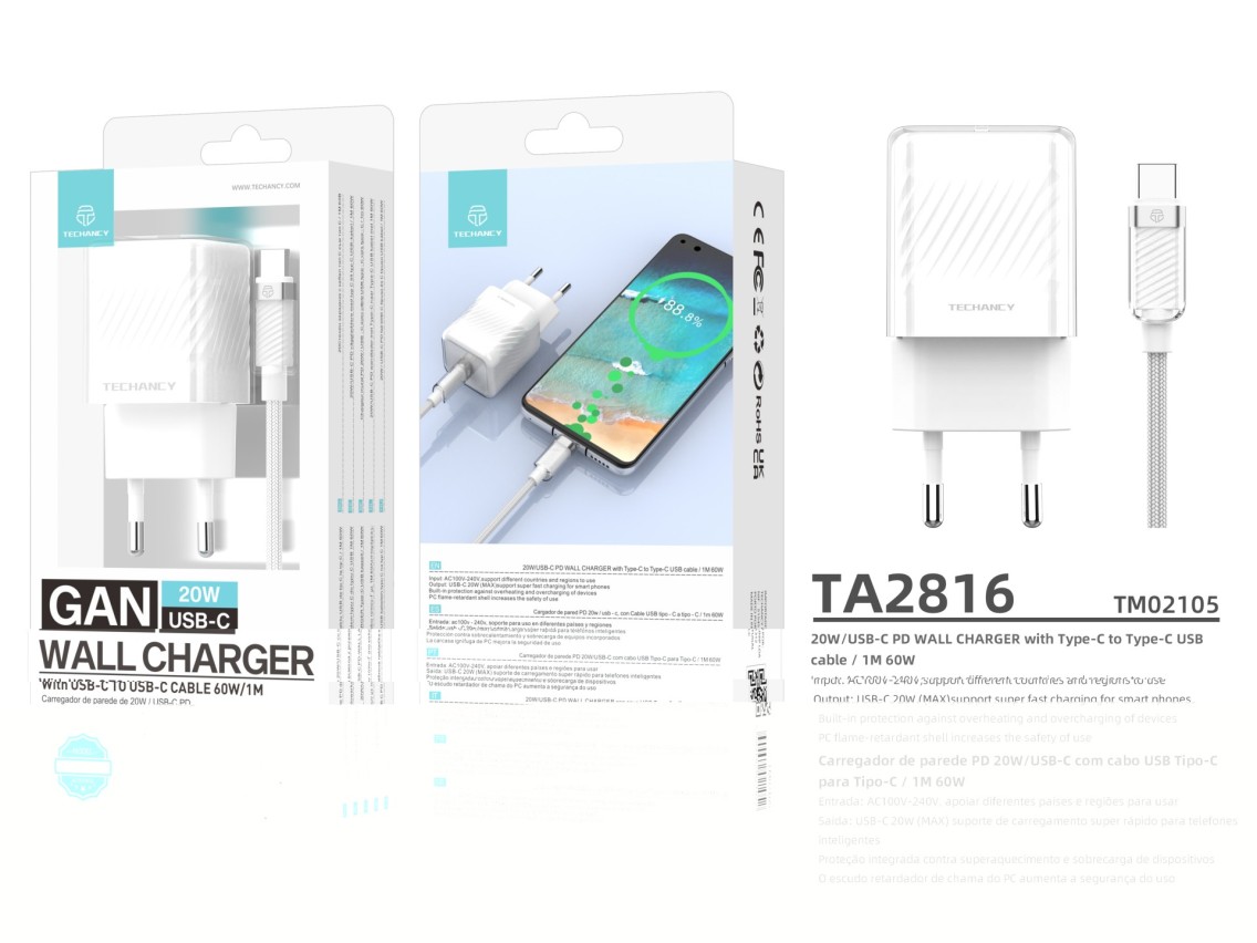 Techancy Carregador De Telemóvel De 20 W Branco TA2816, Carregamento Rápido Usb-C Pd Gan, Conjunto D