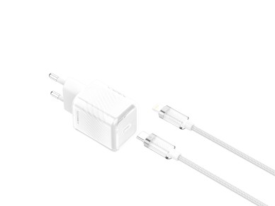 Cargador de móvil Techancy de 20 W, blanco TA2816, carga rápida USB-C PD GaN, cable USB-C 