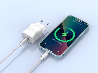 Cargador de móvil Techancy de 20 W, blanco TA2816, carga rápida USB-C PD GaN, cable USB-C 