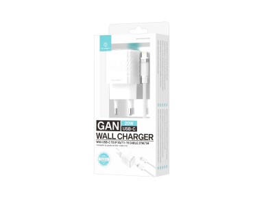Cargador de móvil Techancy de 20 W, blanco TA2816, carga rápida USB-C PD GaN, cable USB-C 