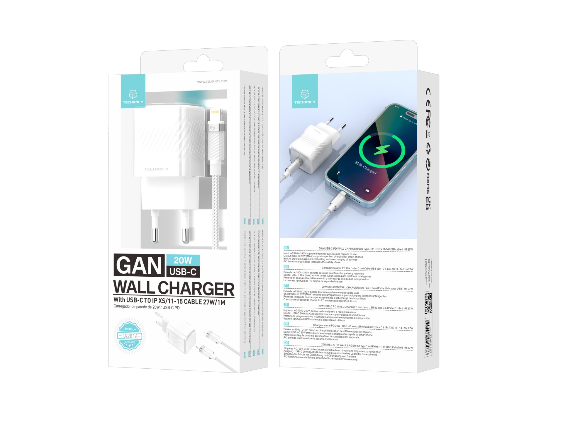 Techancy Carregador De Telemóvel De 20 W Branco TA2816, Carregamento Rápido Usb-C Pd Gan, Conjunto D