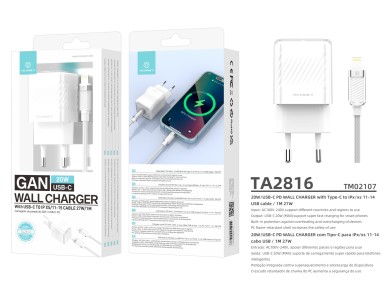 Cargador de móvil Techancy de 20 W, blanco TA2816, carga rápida USB-C PD GaN, cable USB-C 