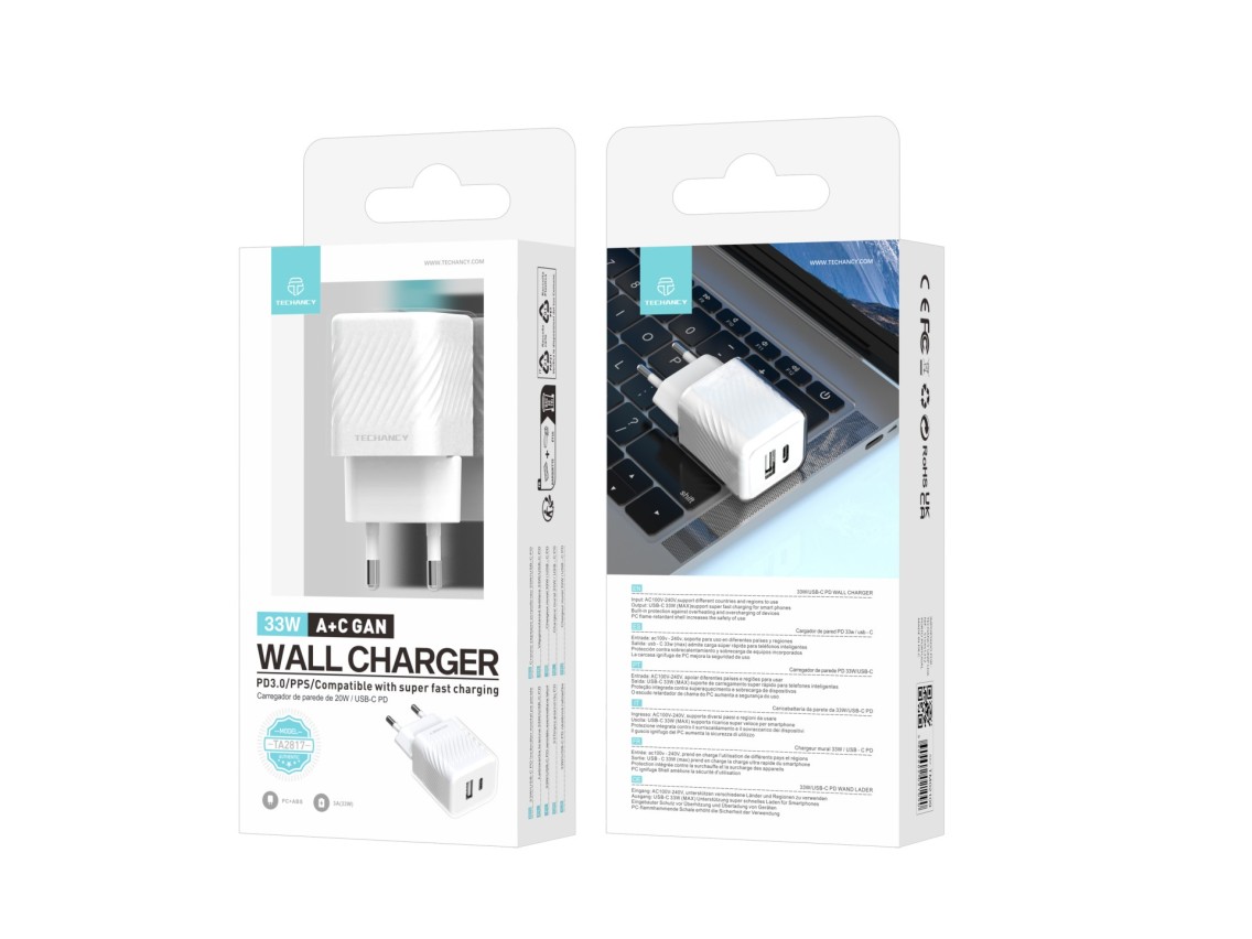 Techancy 33W USB-C PD Wall Charger White TA2817, Dual Port A+C Fast Charging Adapter for GaN.